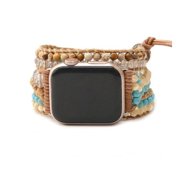 Victoria Emerson Turquoise & Shell on Natural Apple Watch Strap - New - Picture 1 of 5